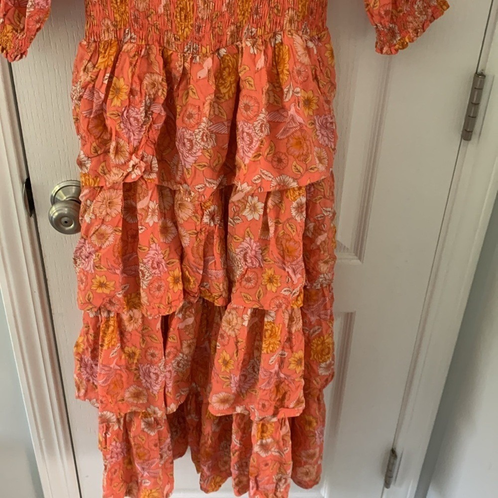 ELF Wrap Dress made by hand Size L birds Floral print ruffle smocked waist tie - Picture 12 of 16